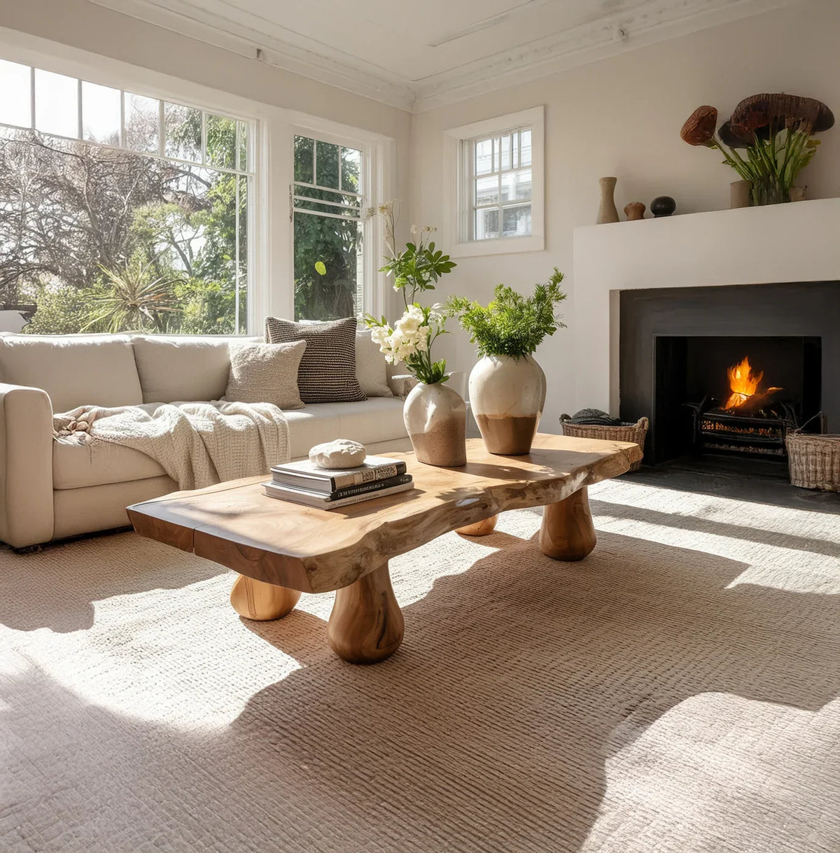 Solid wood live edge coffee table with vases, books, in a bright modern living room with fireplace