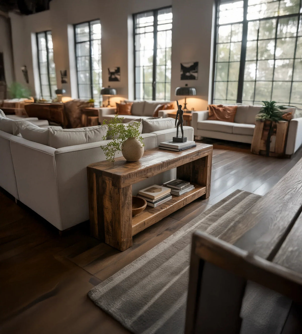 Modern living room with large windows, beige sofas, wooden console table with books and decor, warm lighting