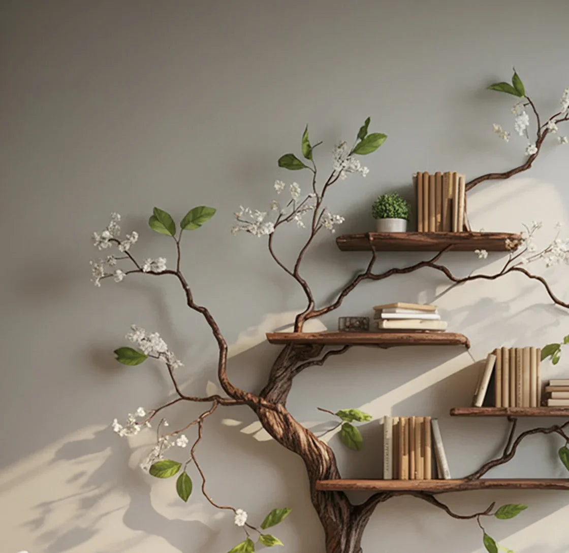Tree-shaped wooden bookshelf with live edge shelves, books, and decor against a neutral wall