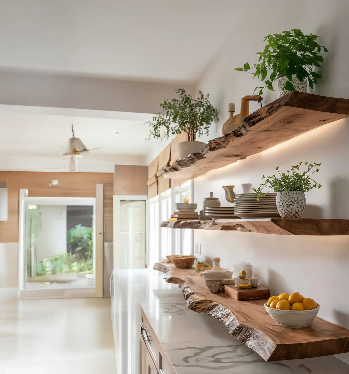 Modern kitchen with natural live edge wood shelves holding plants, dishes, and lemons