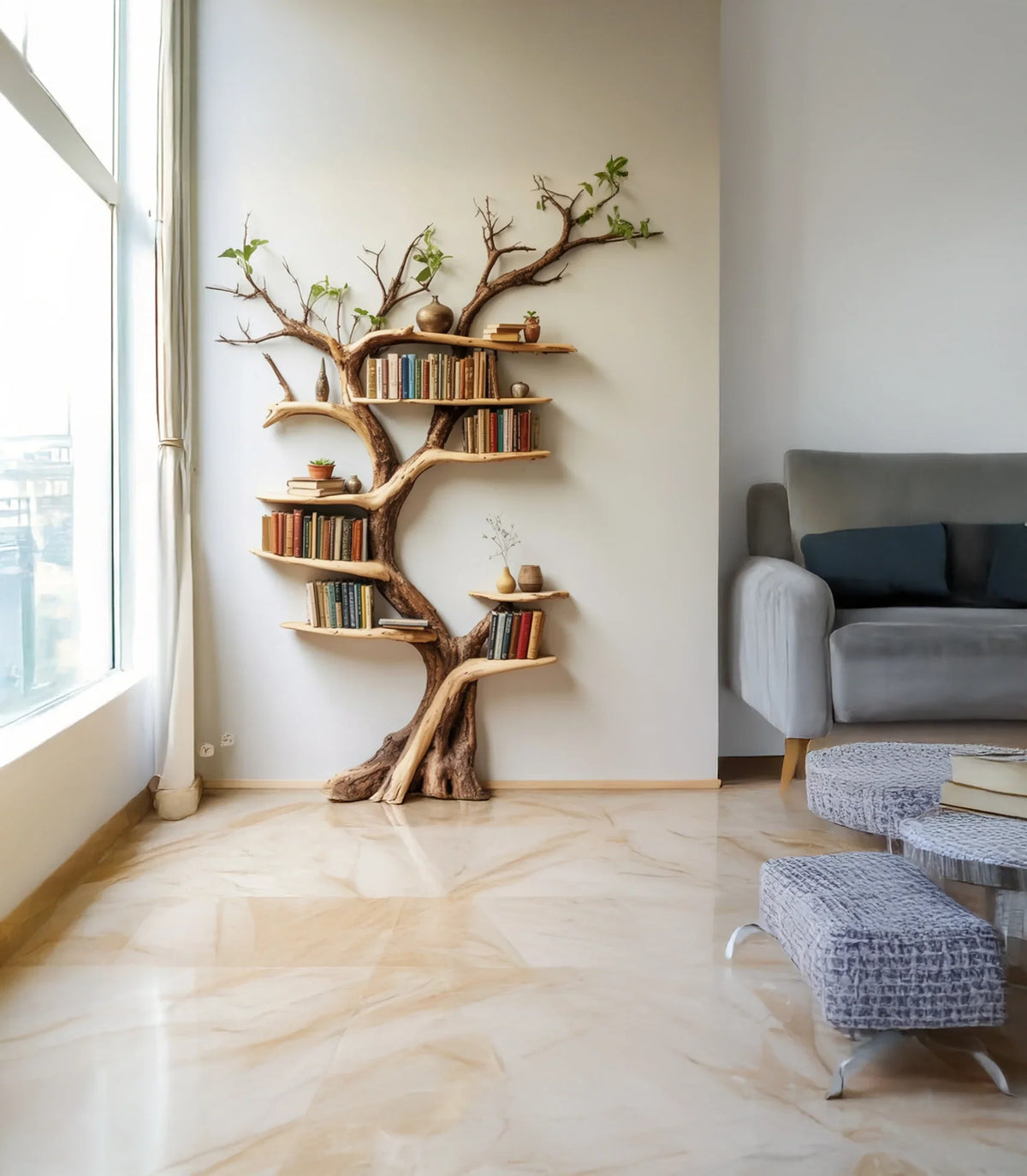 Modern living room with tree-shaped wooden bookshelf holding books and small plants