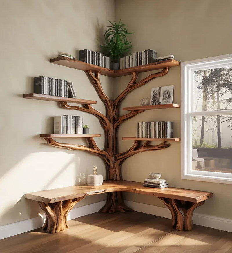 Tree-shaped solid wood corner bookshelf with built-in bench in sunlit living room.