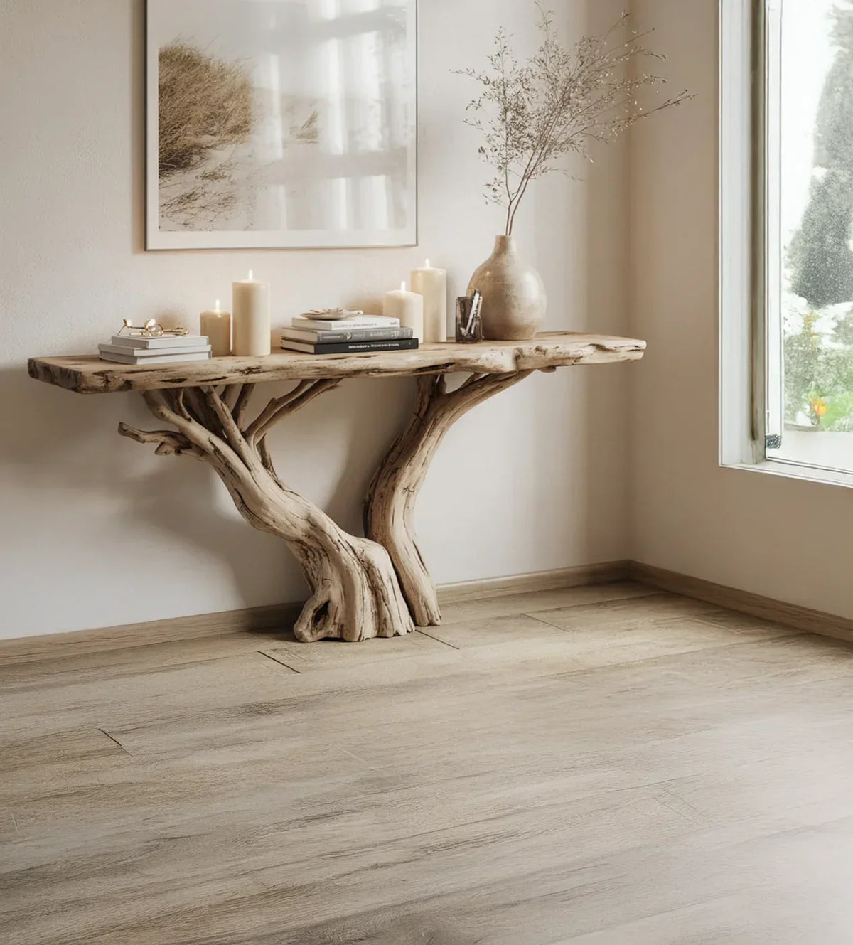Live edge wood console table with natural branches, books, candles, and a rustic vase in a bright room.