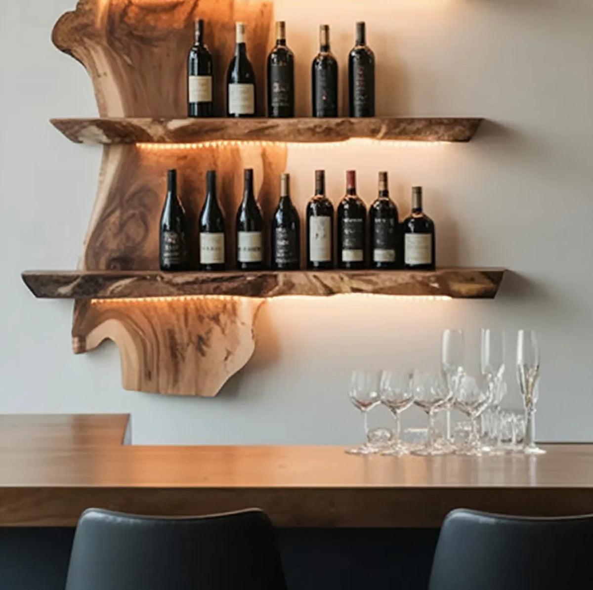 Live edge wooden floating shelves displaying wine bottles with LED lights above a bar counter