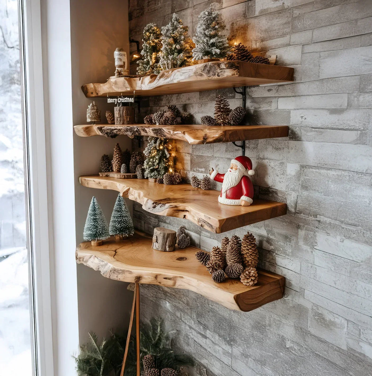 Live edge wood floating shelves decorated with pine cones, mini Christmas trees, and a Santa figurine, on a stone wall.