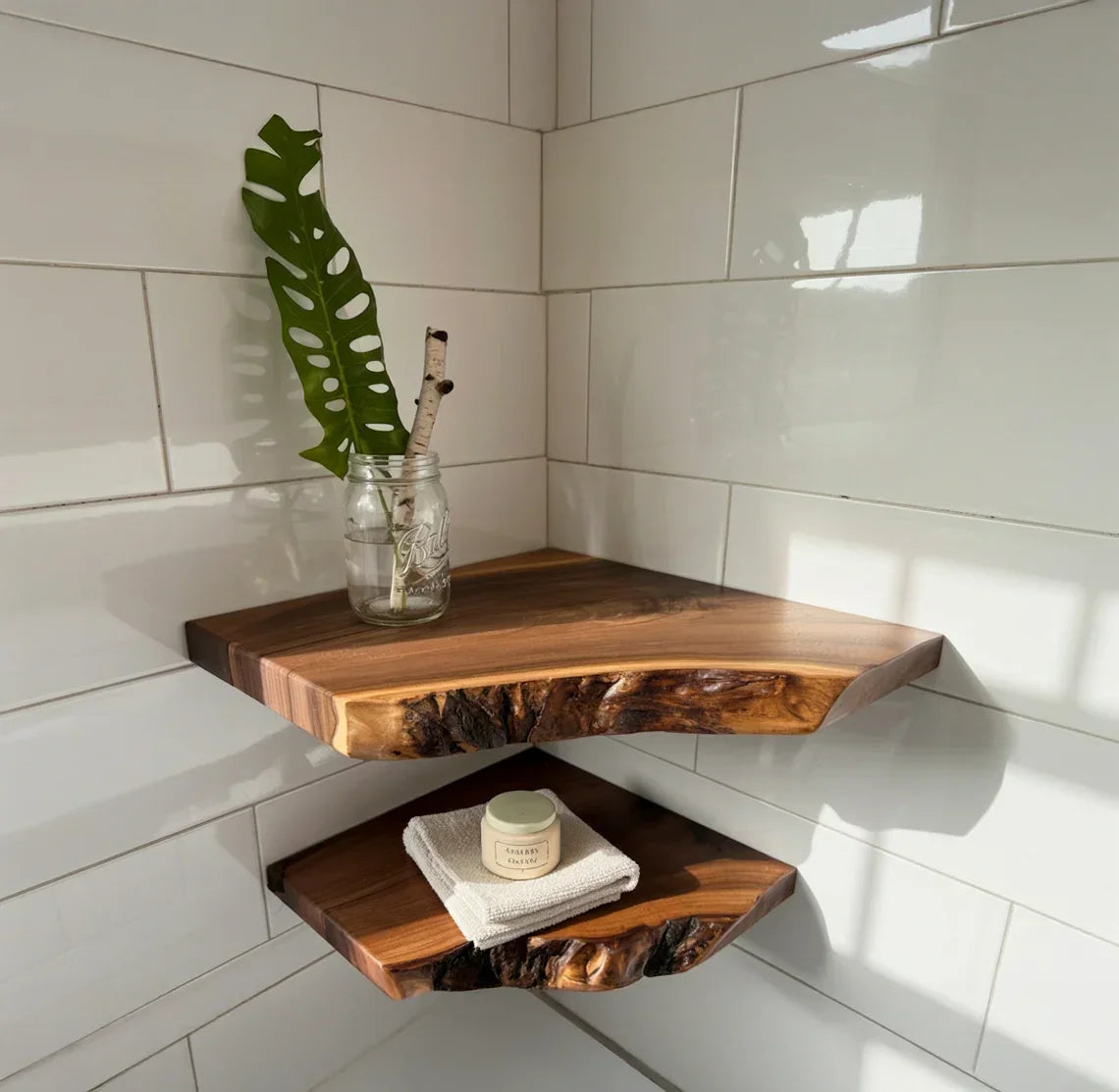 Live edge solid wood floating corner shelves on white tile wall, holding a plant and bath items