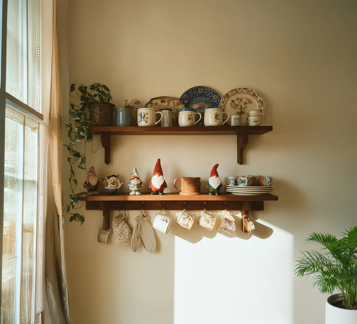 Wood floating shelves with mugs, plates, plants and ceramic gnomes in sunlit kitchen corner