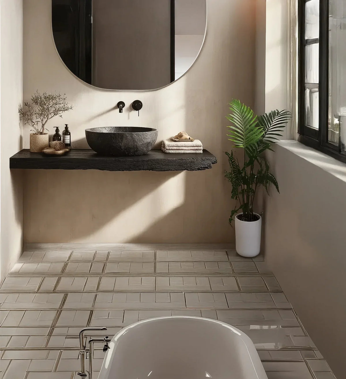 Modern bathroom with live edge floating vanity, stone vessel sink, large round mirror, indoor plant, and natural light.