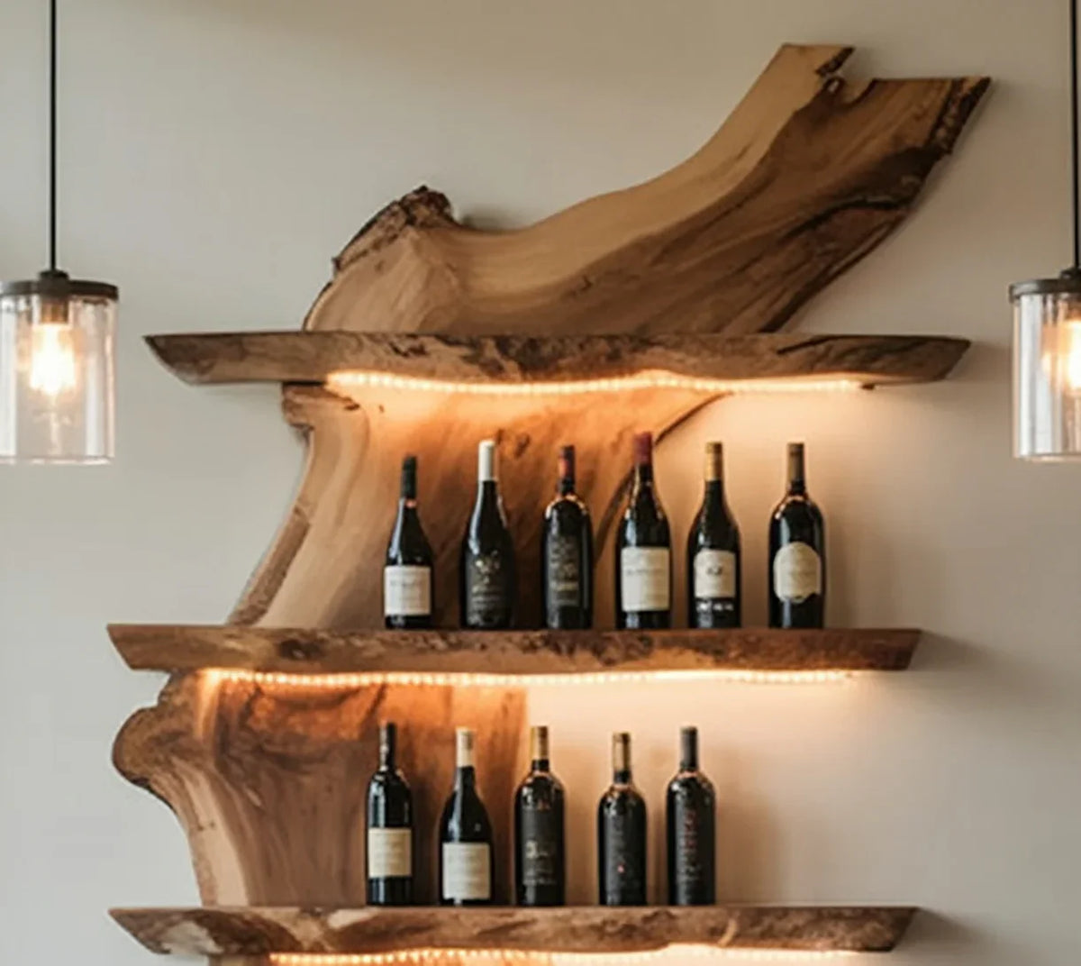 Rustic live edge wood wine shelves with LED strip lighting and assorted wine bottles