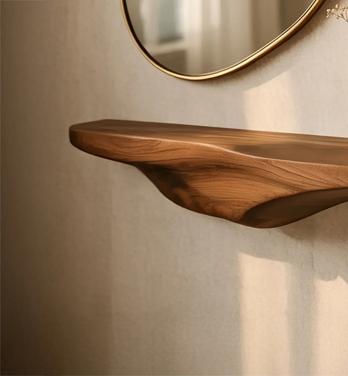 Live edge solid wood floating shelf mounted on wall beneath round mirror
