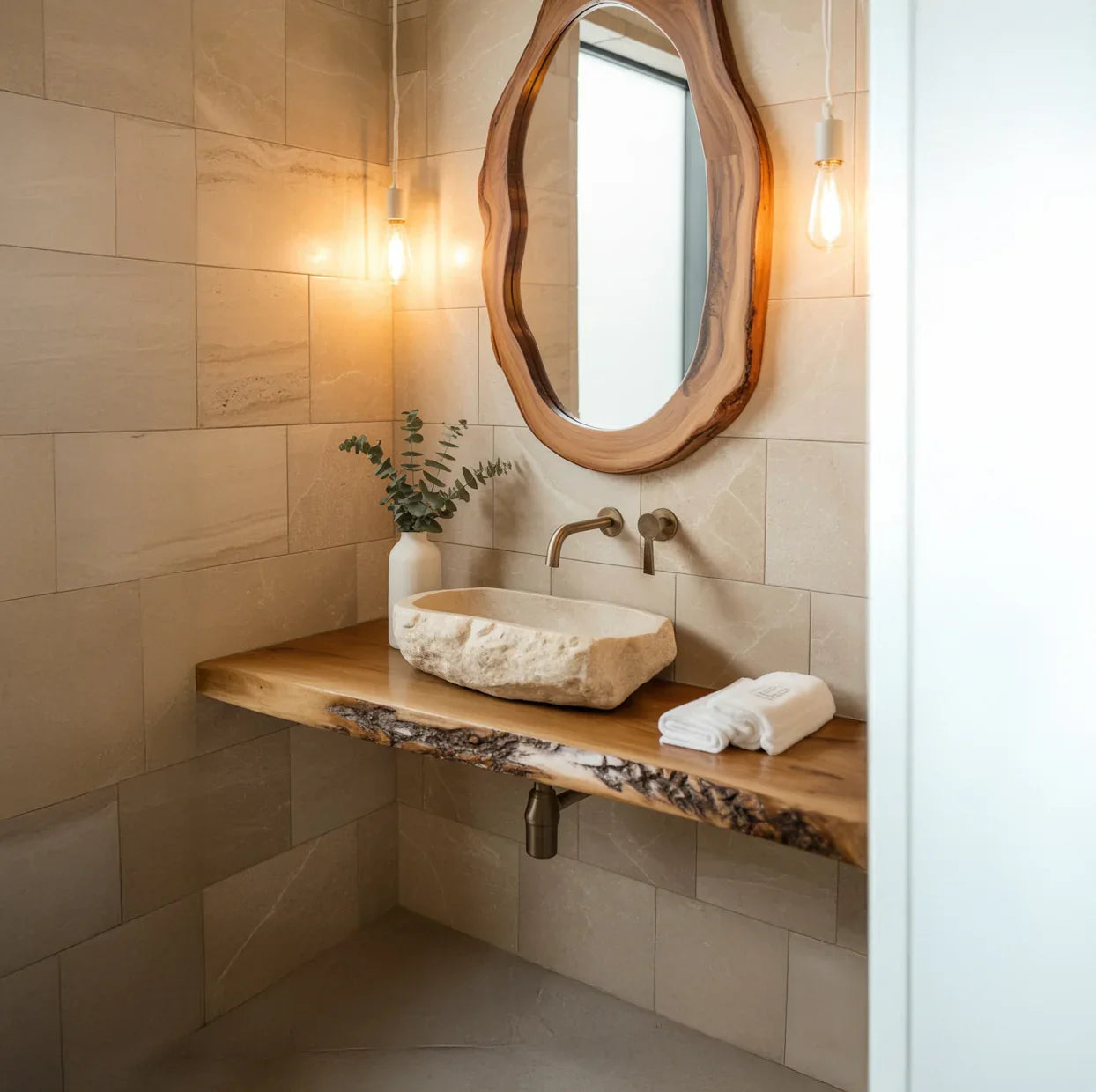 Live edge wood floating vanity with stone sink, oval wood mirror and modern bathroom decor.