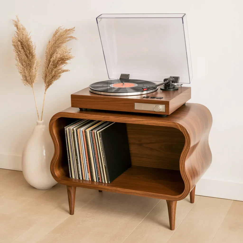 Mid-century modern wood record player stand with vinyl storage and decorative vase