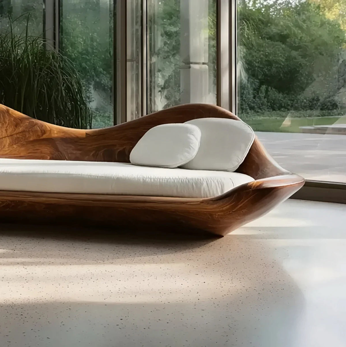 Modern wooden sofa with white cushions in a bright room with large glass windows and greenery view