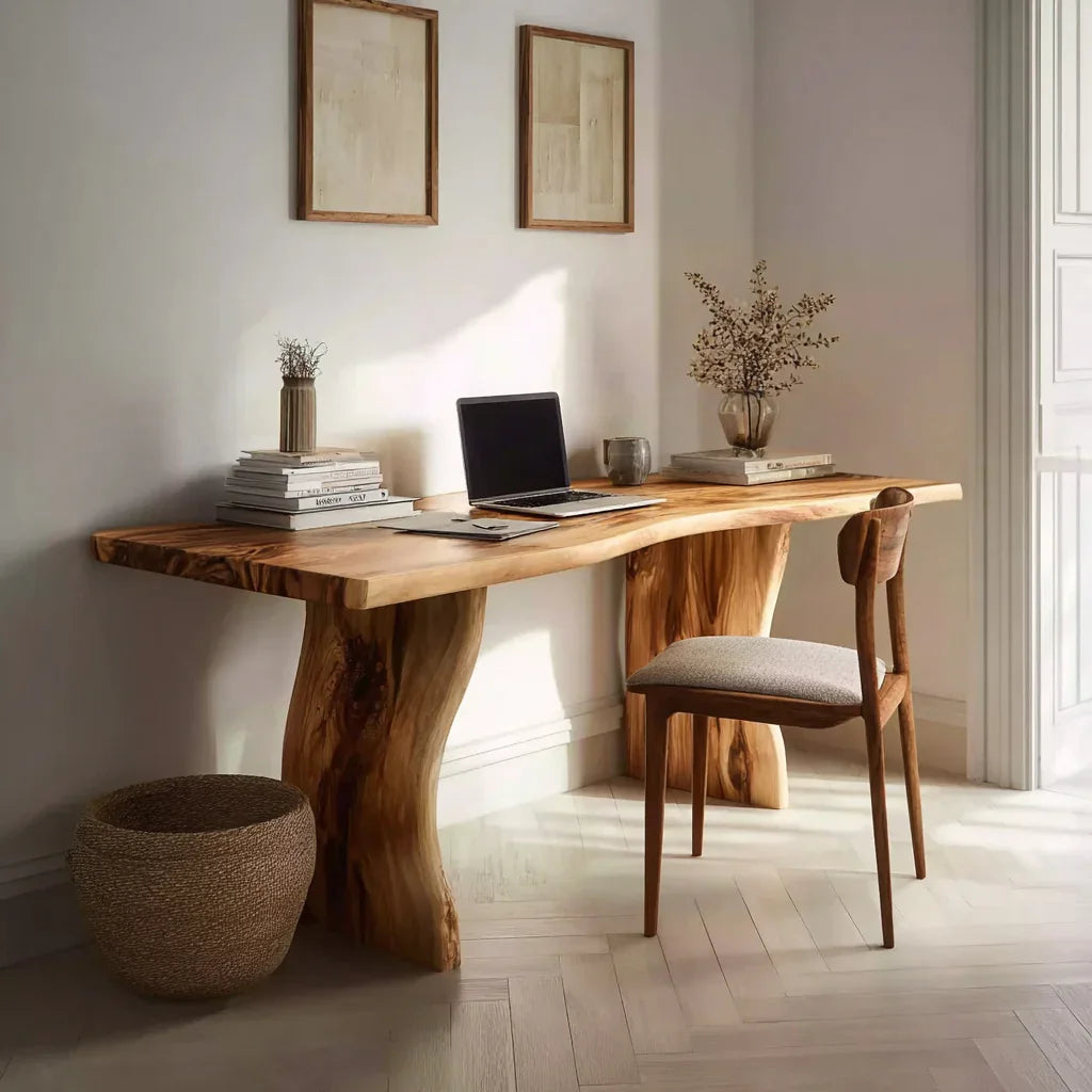 Solid wood live edge desk and wooden chair in a minimalist home office with natural light.