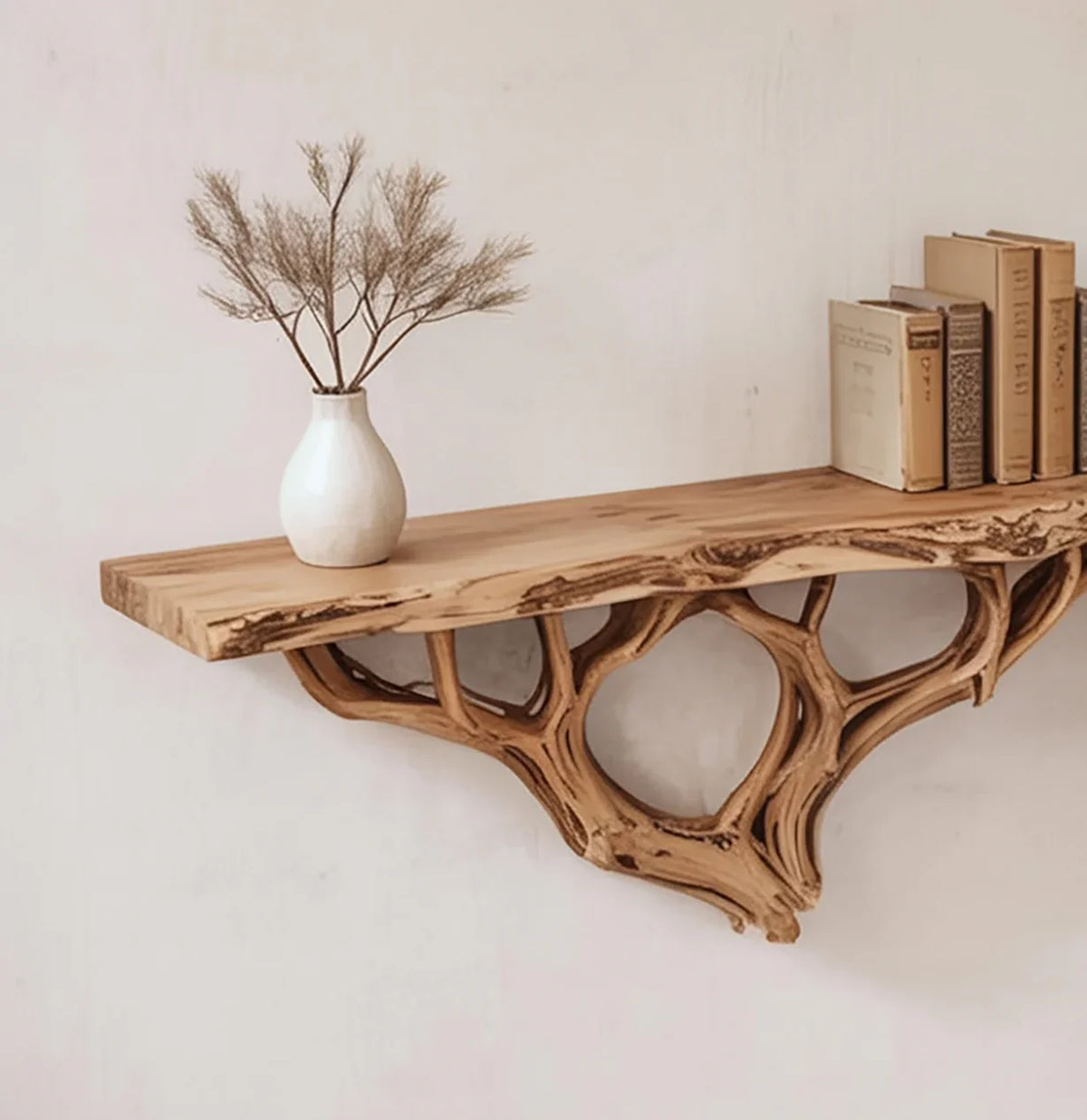 Live edge floating wood shelf with sculpted branches, vase, and books