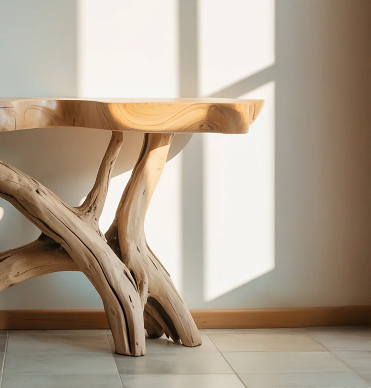 Live edge solid wood table with natural tree branch legs in sunlit modern room