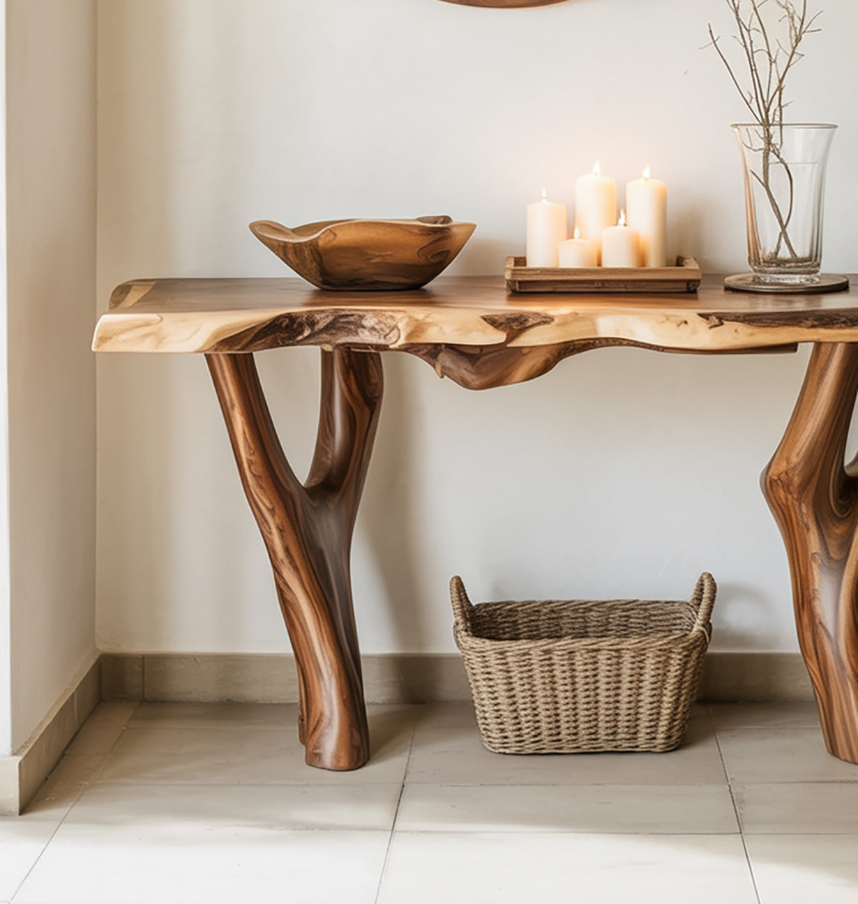 Natural wood console table with candles, wooden bowl, glass vase, and woven basket on tiled floor