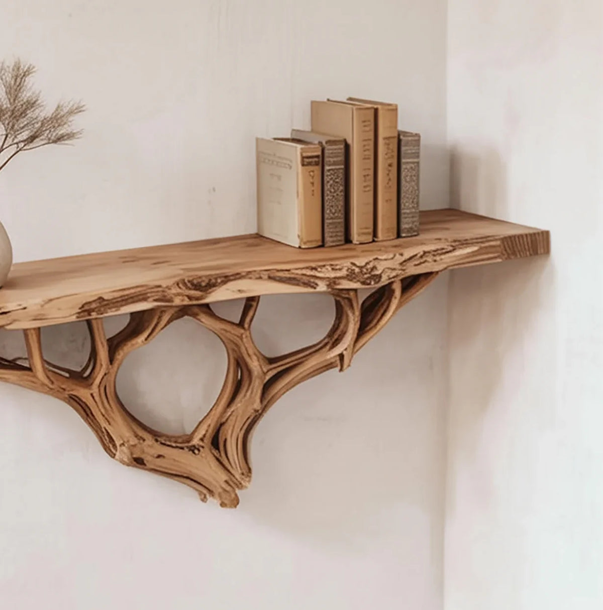 Live edge wood floating shelf with organic branch design, holding books and a decorative vase
