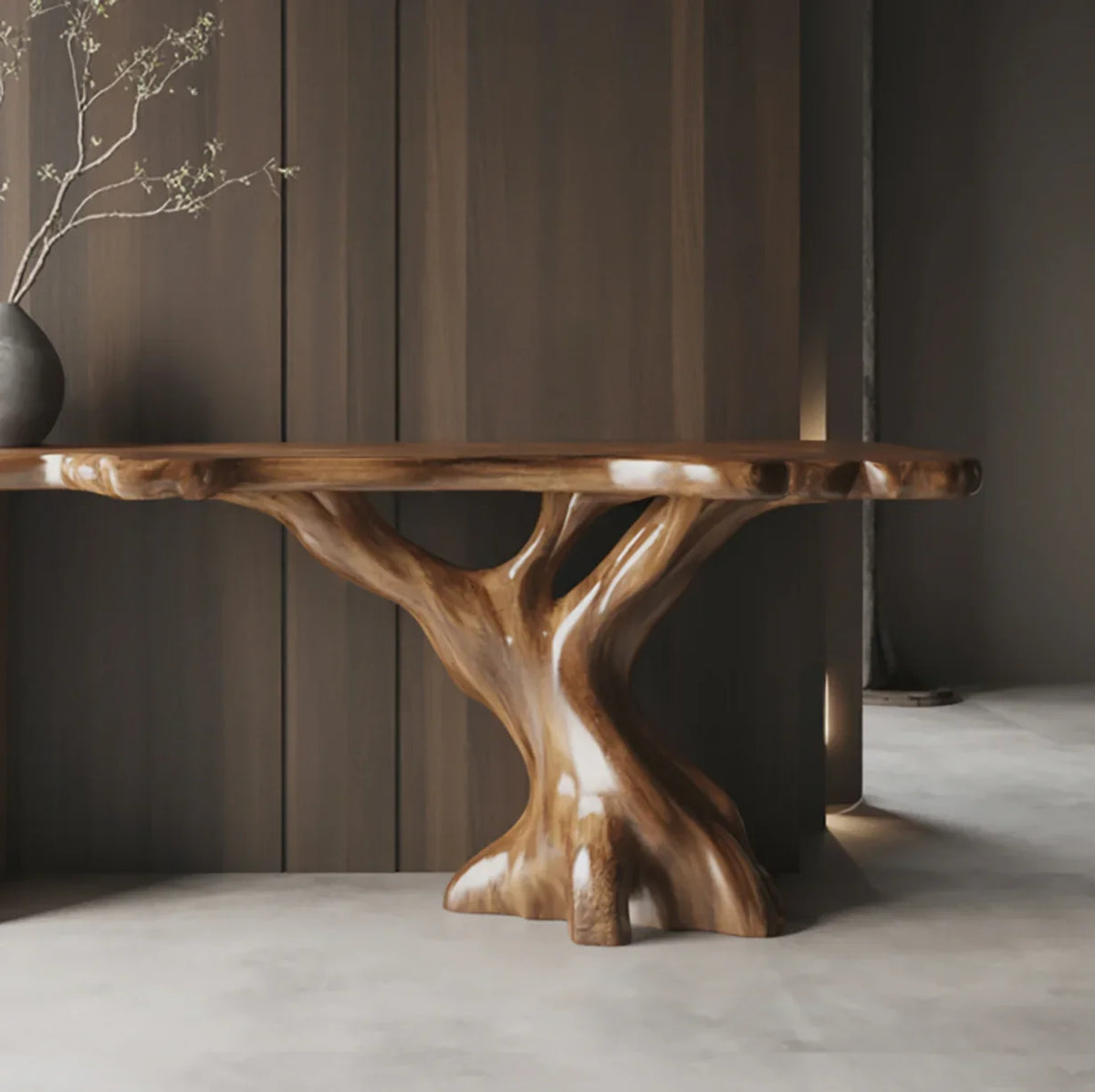 Live edge solid wood table with tree-inspired base in modern minimalist room