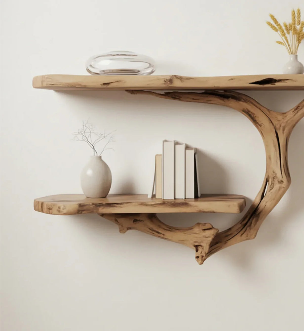Organic wooden shelves mounted on wall holding minimal white vases and stacked books