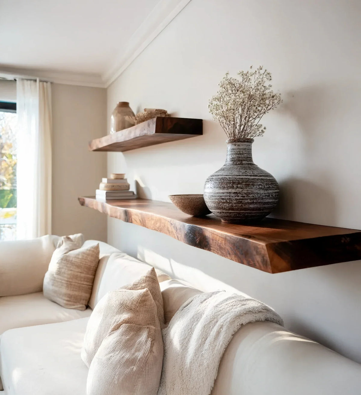 Solid wood live edge floating shelves above a cozy cream sofa, styled with ceramics and books.