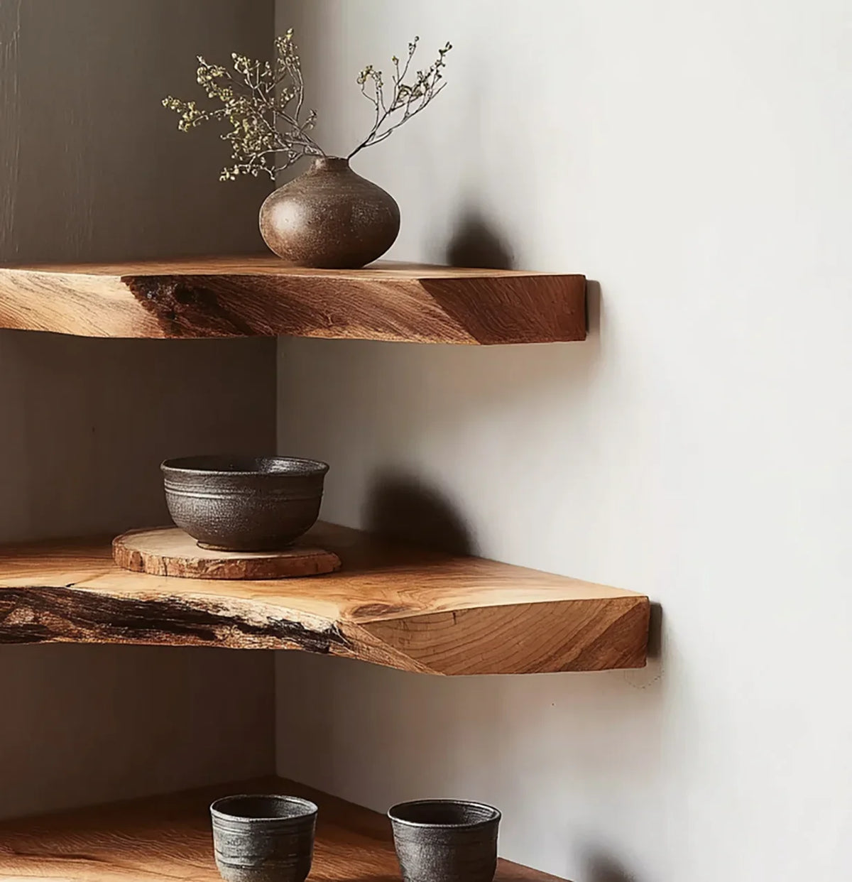 Natural wood floating corner shelves with ceramic vase, bowl, and cups in a minimalist setting
