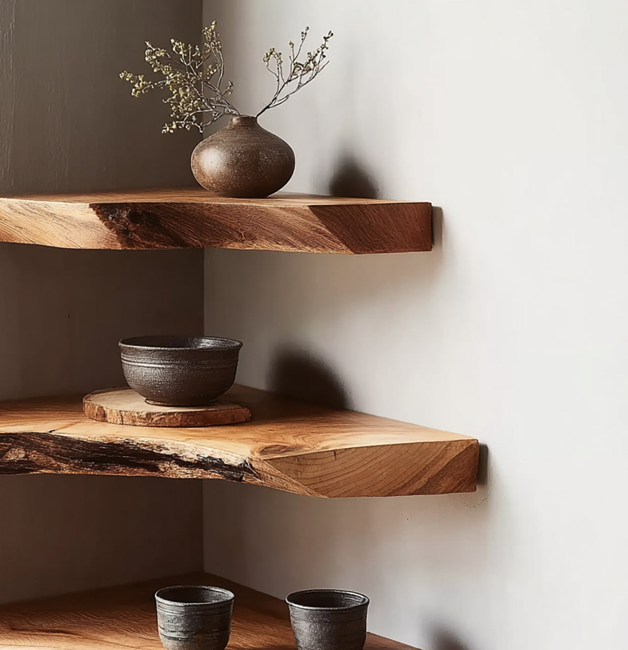 Natural wood floating corner shelves with ceramic vase, bowl, and cups in a minimalist setting
