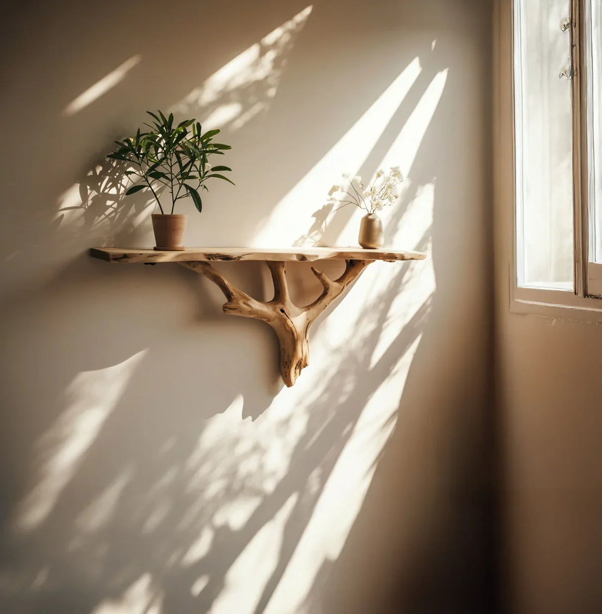 Rustic wooden wall shelf with green potted plant and small vase with dried flowers in sunlight