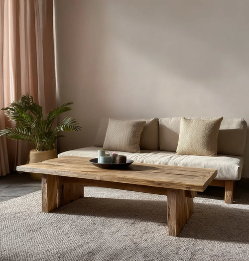 Rustic Handmade Wooden Coffee Table – Live Edge Solid Wood Trestle Farmhouse Rectangular End Table