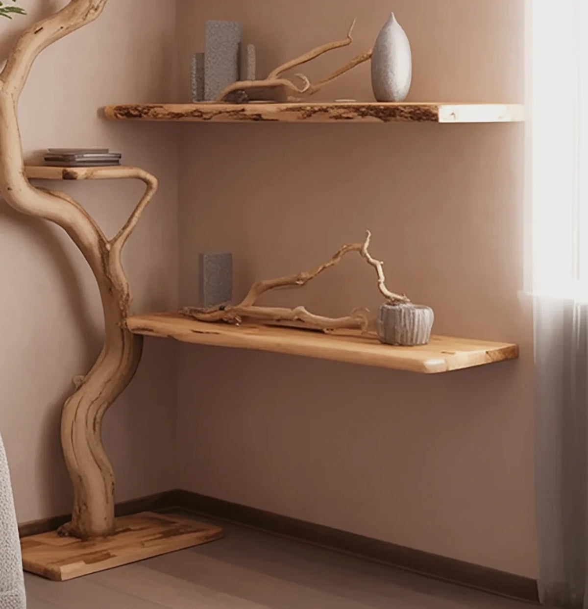 Natural wood tree branch floor lamp with floating wooden shelves and minimalist decor