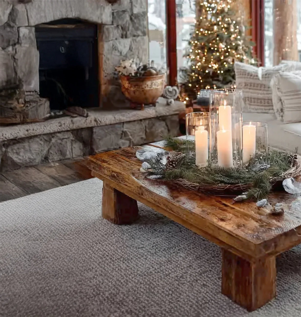 Rustic wooden coffee table with lit candles and greenery centerpiece near stone fireplace and Christmas tree