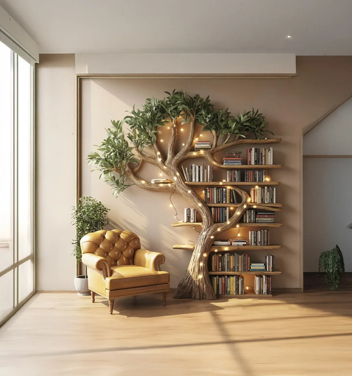 Cozy reading nook with leather armchair and tree-shaped bookshelf decorated with string lights