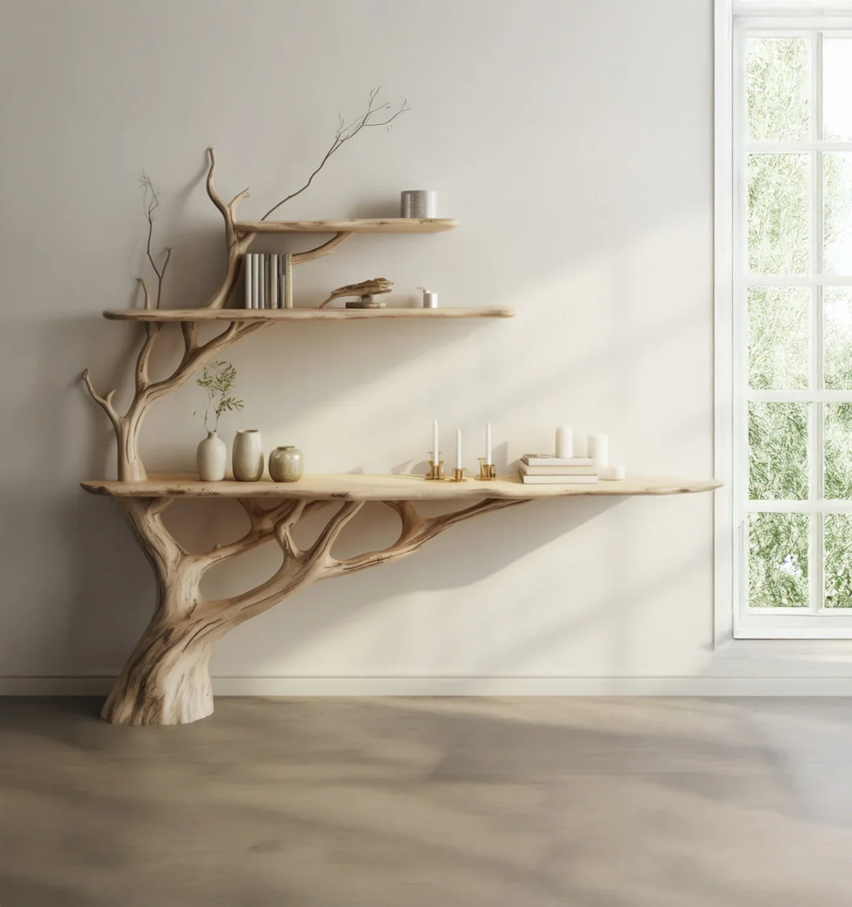 Live edge tree bookshelf with floating wood shelves in a bright minimalist room