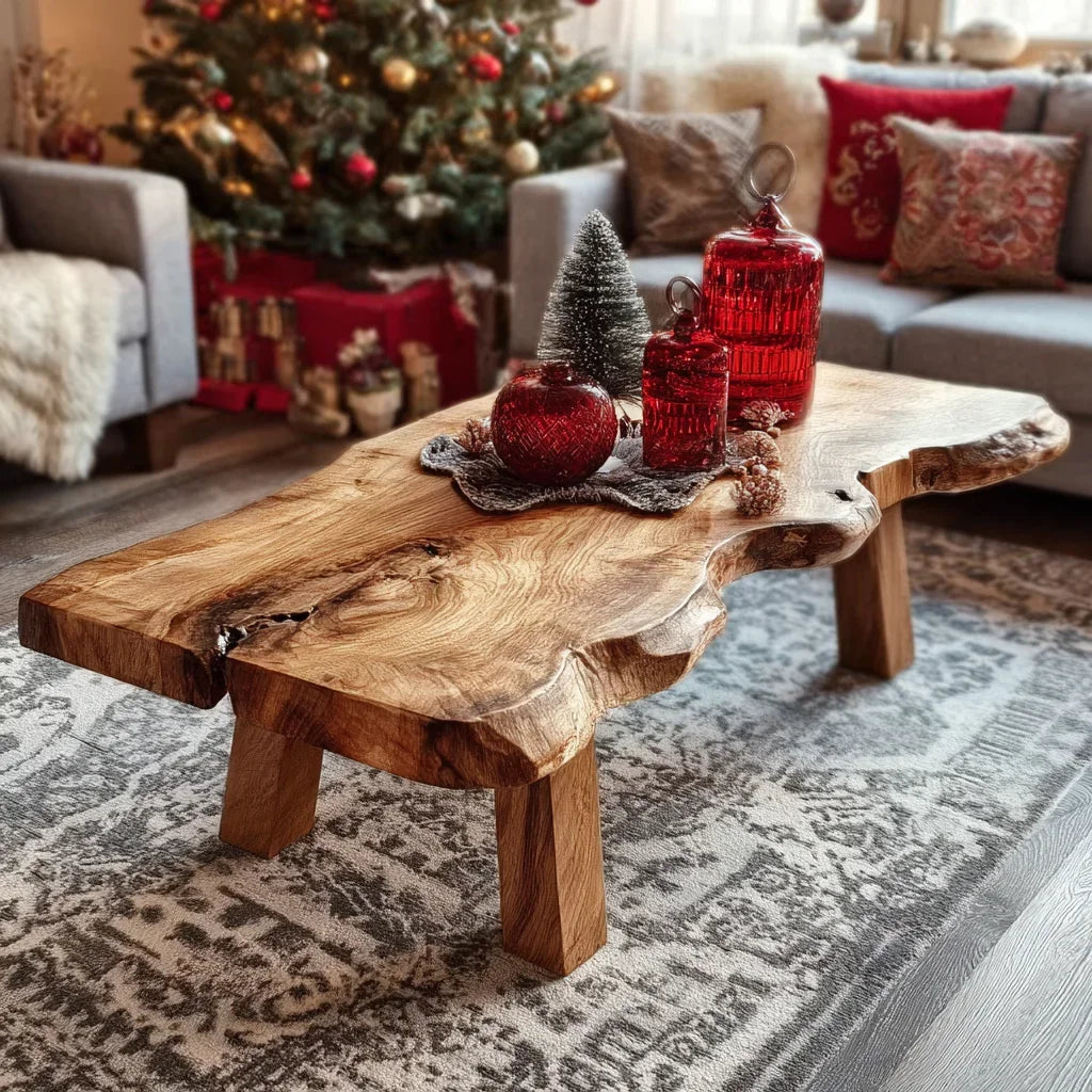 Rustic live edge wooden coffee table with red glass jars and a small decorative Christmas tree in cozy living room