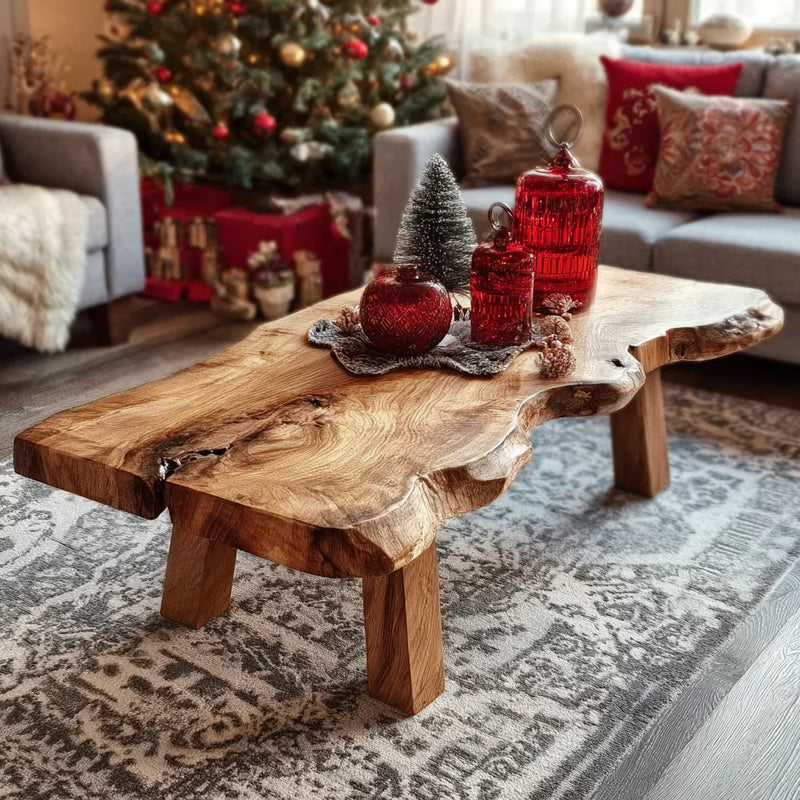 Rustic live edge wooden coffee table with red glass jars and a small decorative Christmas tree in cozy living room