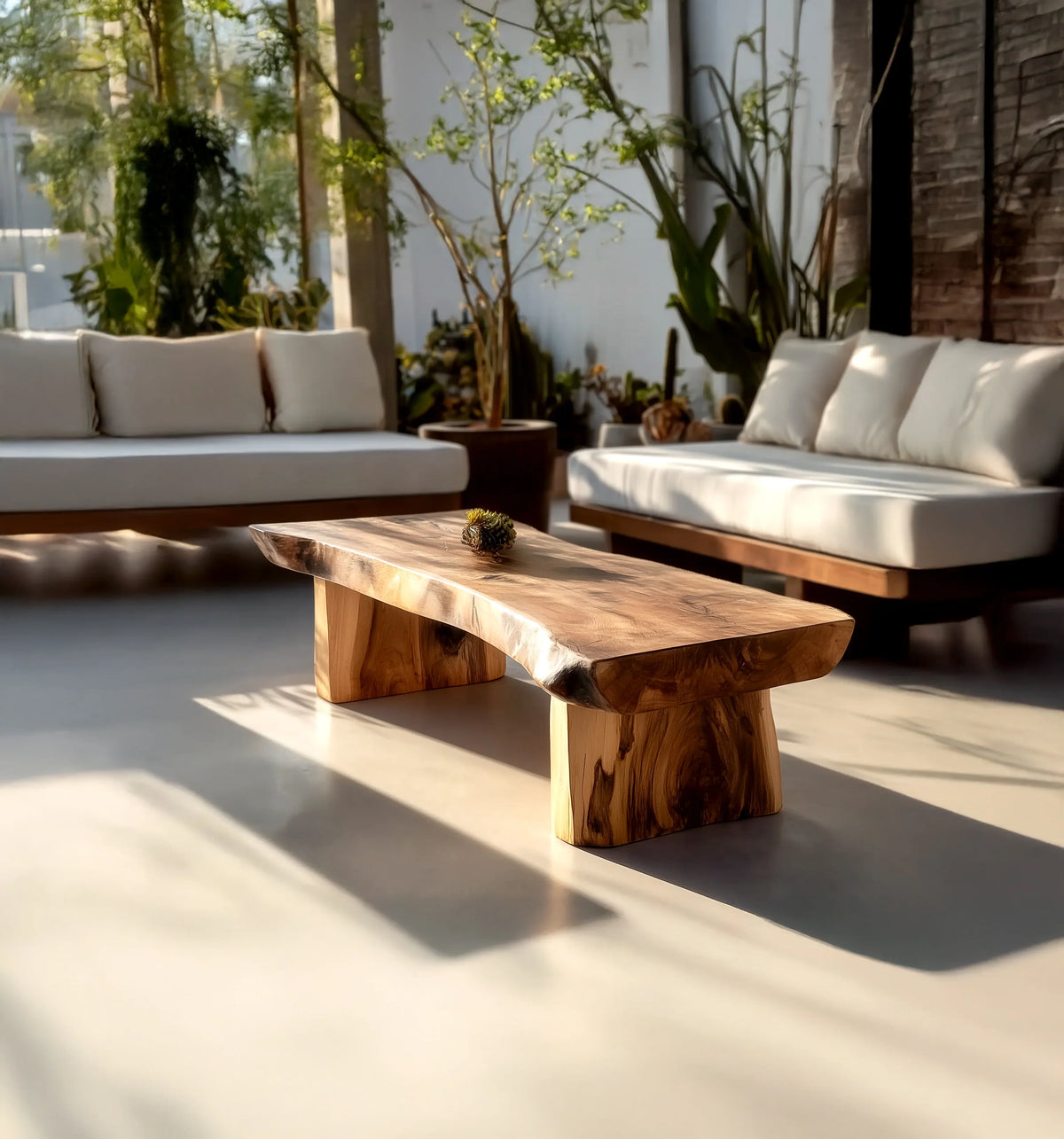 Live edge solid wood coffee table in a sunlit modern living room with white sofas and plants