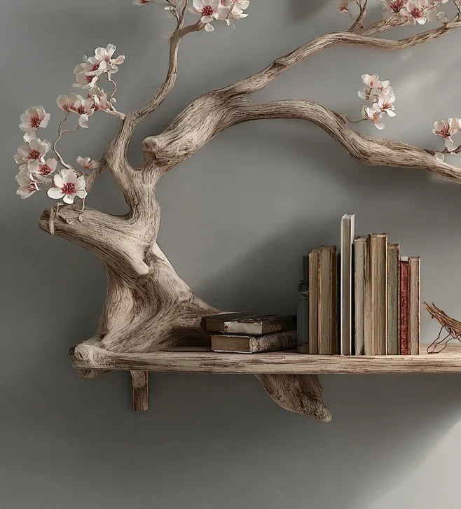 Live edge wooden tree bookshelf with decorative branches and flowers, holding books against a gray wall