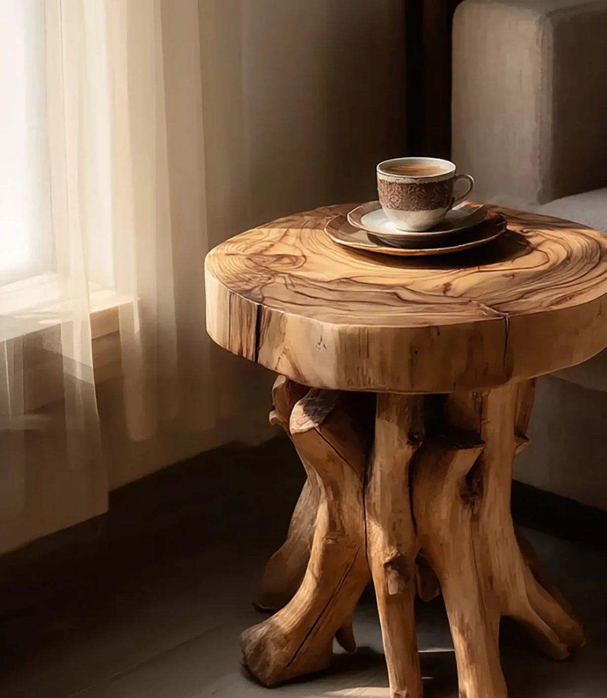 Solid wood live edge side table with natural finish beside sofa, coffee cup on top