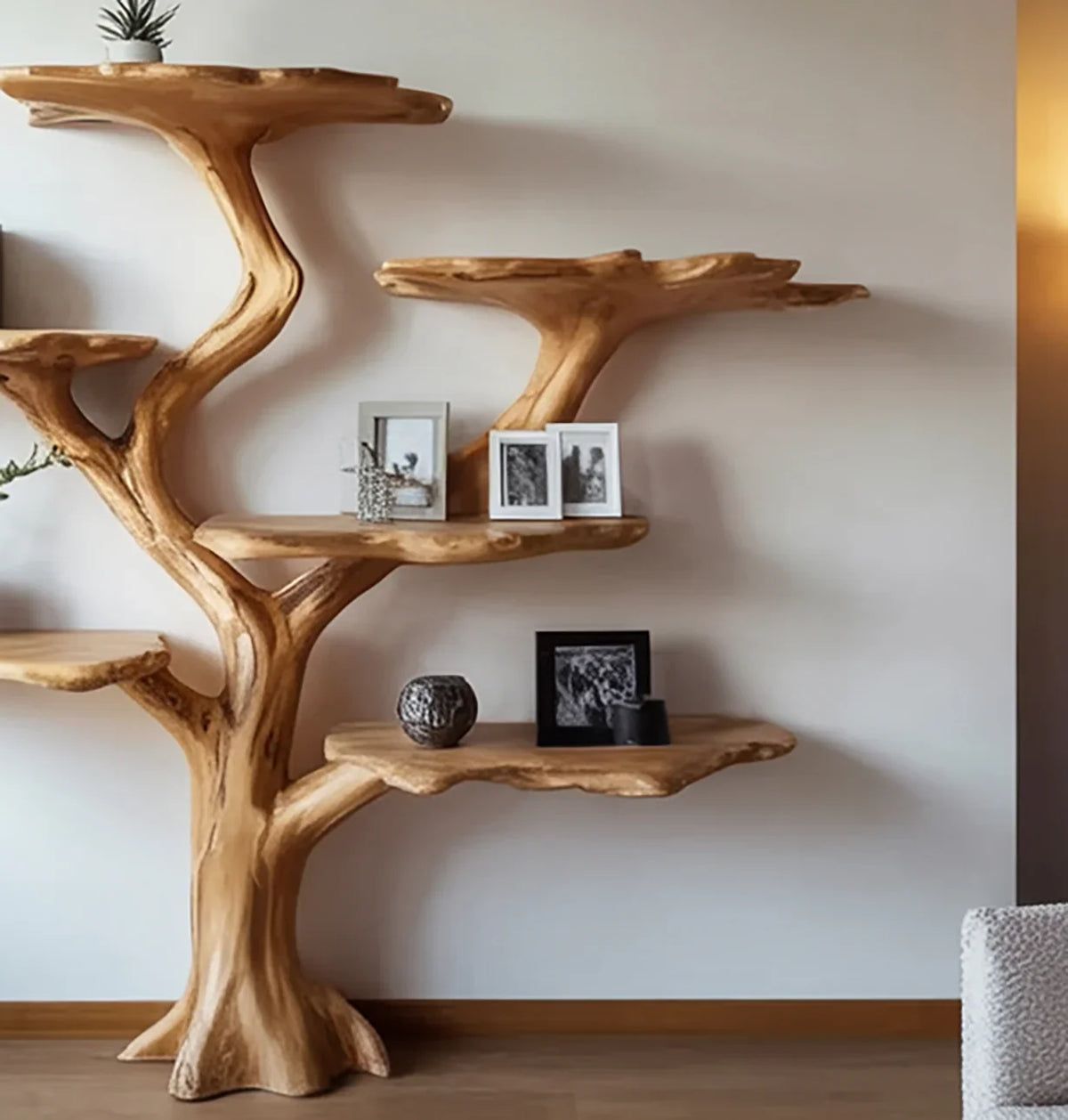 Natural wood tree shelf with multi-level branches holding photo frames and decorative items