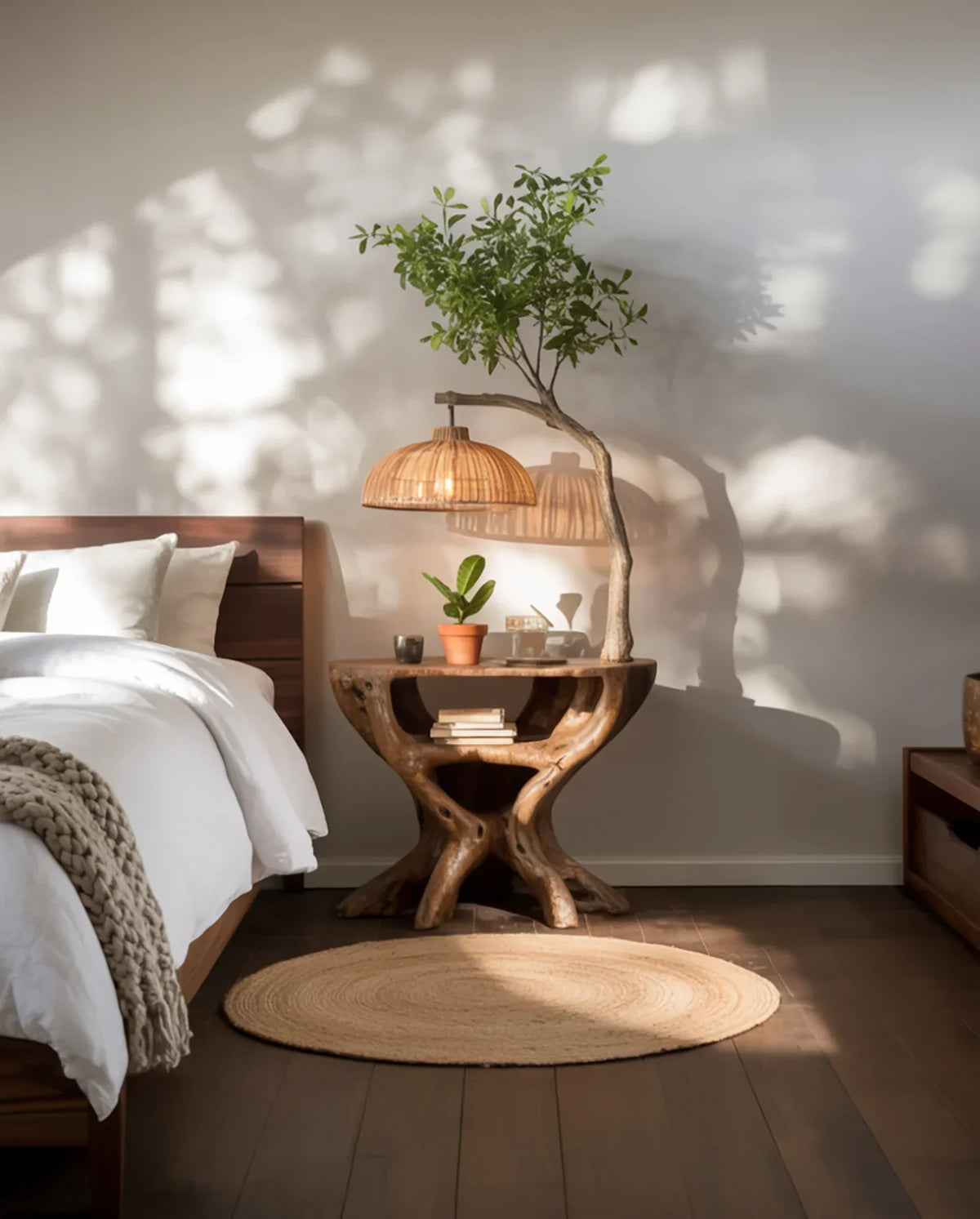 Live edge wood nightstand with tree branch lamp and potted plant in cozy bedroom