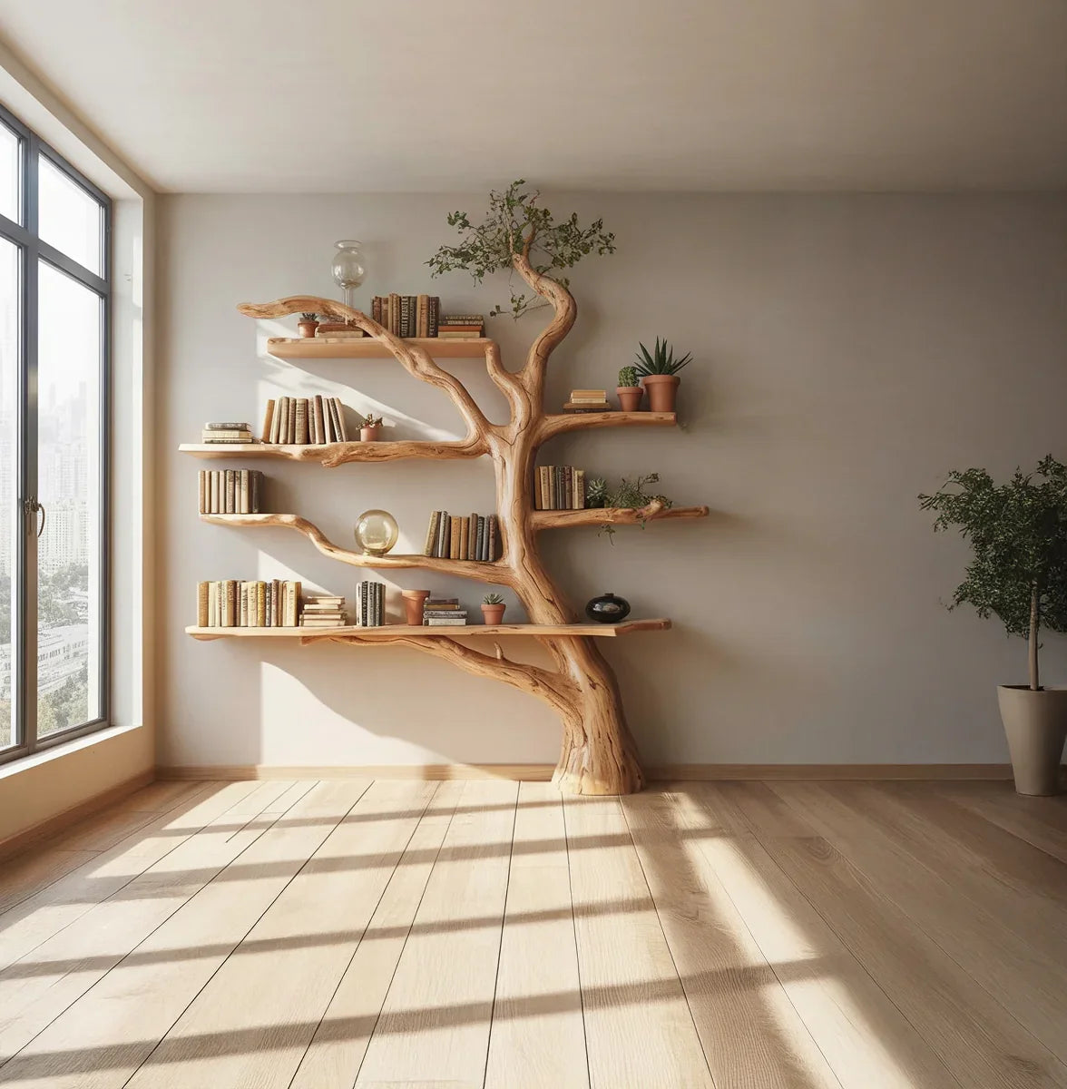 Modern living room with natural wood tree-branch bookshelf holding books and potted plants
