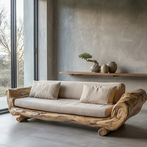 Handmade Solid Wood Sofa – Rustic Japanese Minimalist Floor Couch for Living Room
