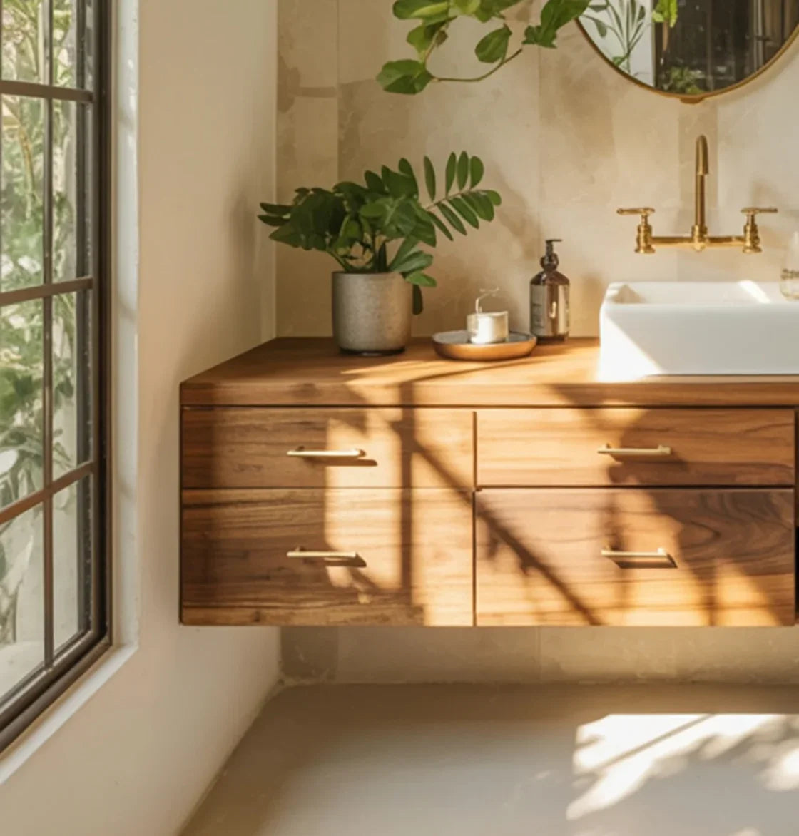 Modern bathroom with floating wooden vanity, white sink, brass faucet, potted plant, and natural sunlight
