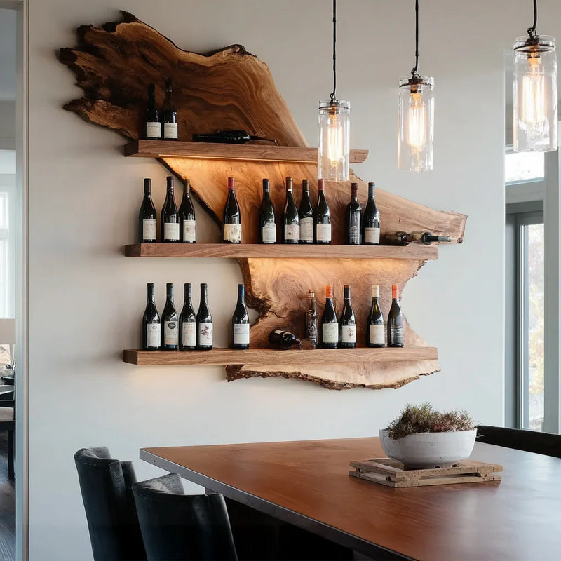 Modern dining area with wood slab wine shelves holding multiple wine bottles and hanging glass pendant lights