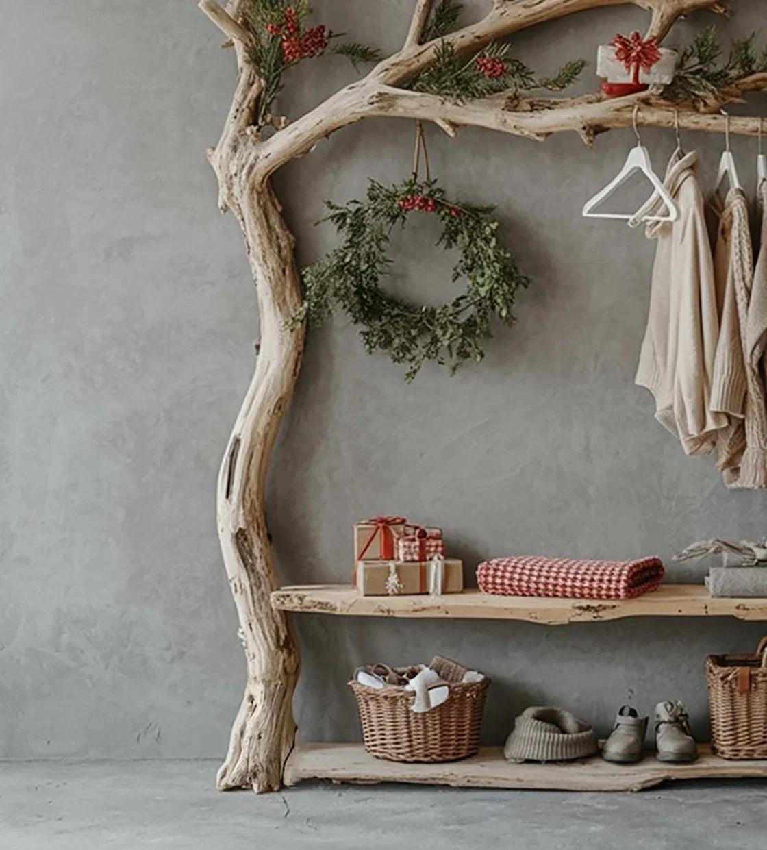 Rustic wooden rack with hanging beige sweaters, green wreath, wrapped gifts, baskets, and boots on gray wall