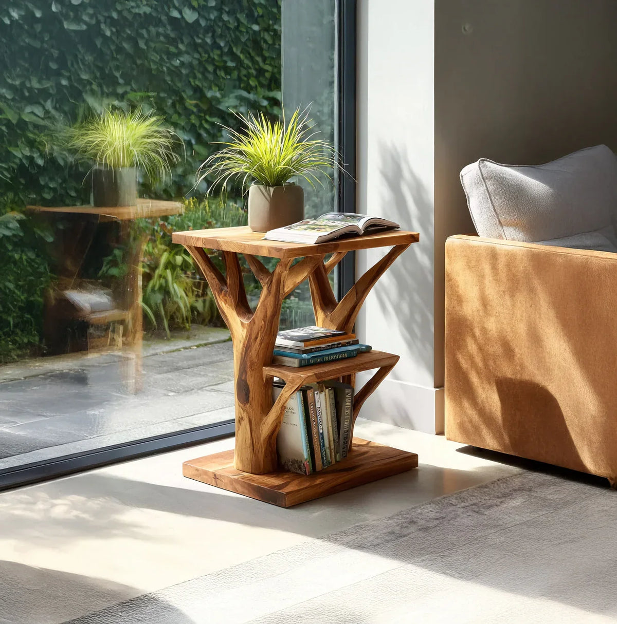 Solid wood tree bookshelf side table with books and plant, modern living room interior