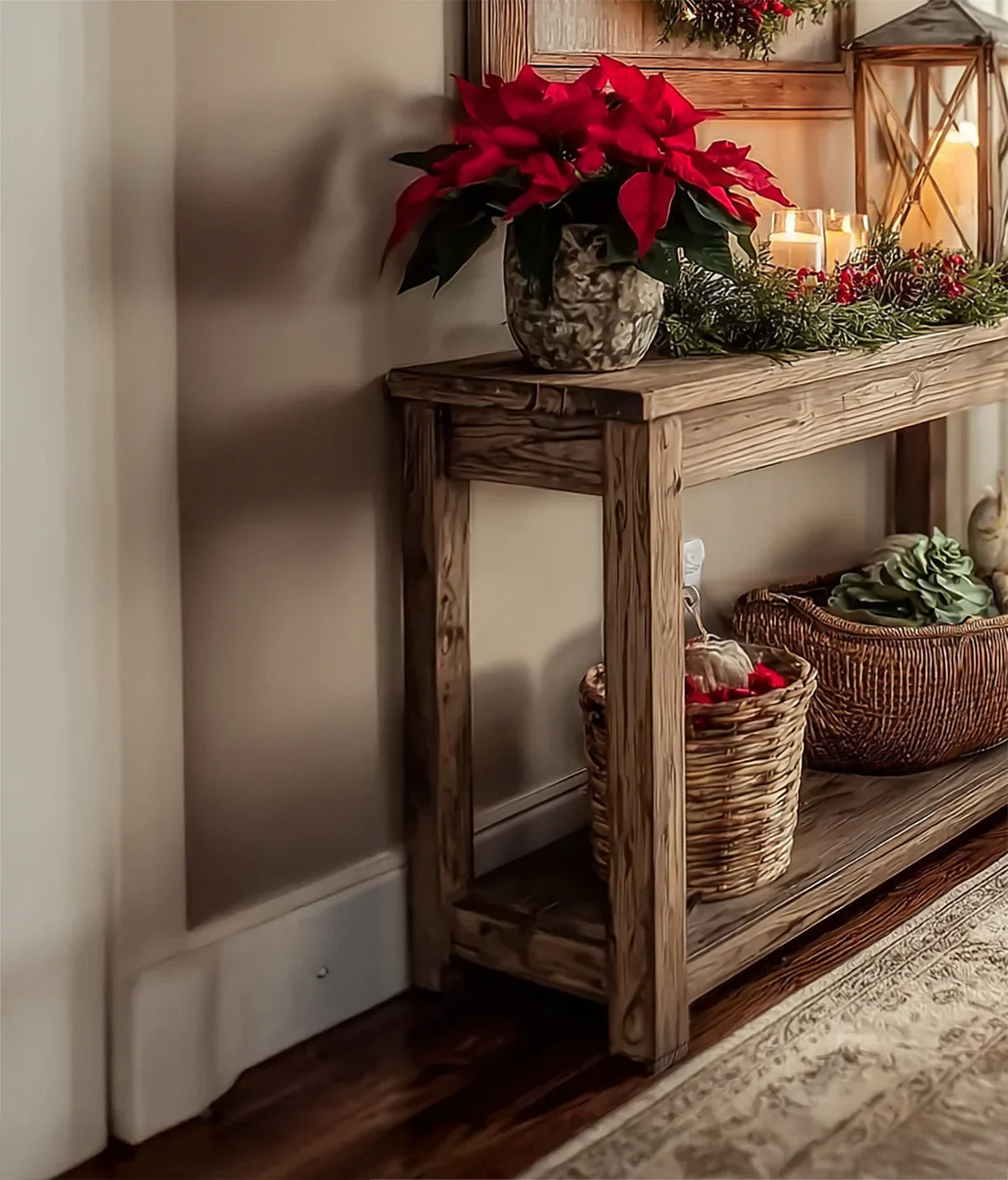 Rustic wooden console table decorated with a red poinsettia plant, candles, garland, and wicker baskets