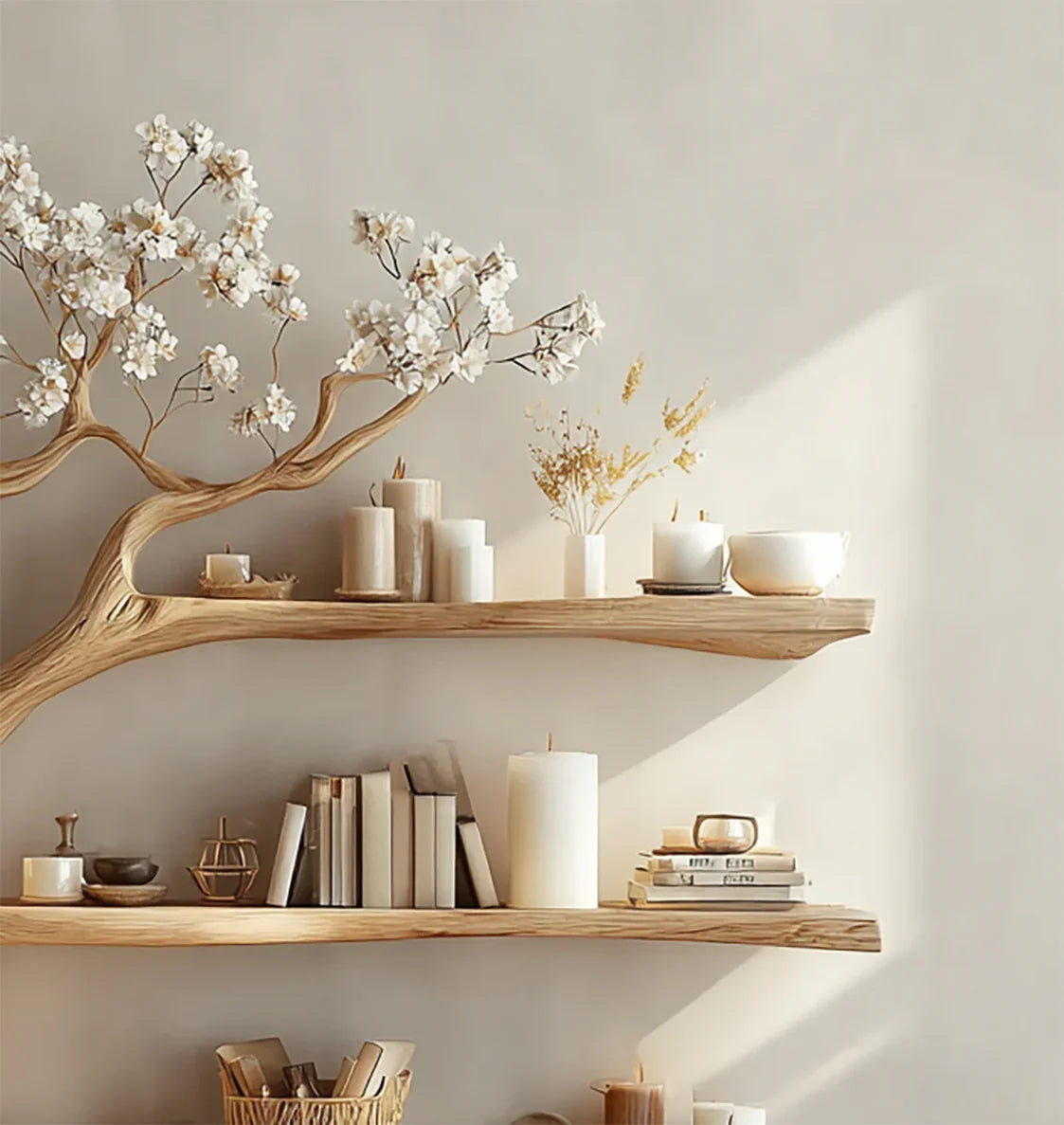 Wooden wall shelves with decorative dried flowers, white candles, books, and pottery in neutral tones