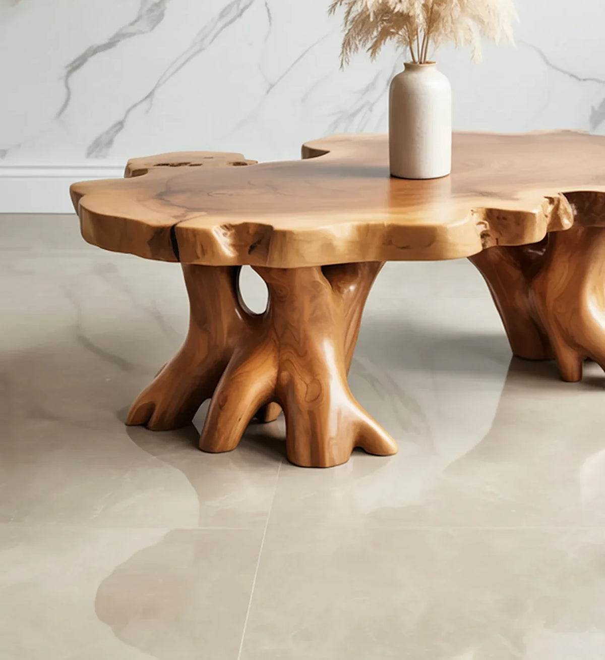 Live edge solid wood coffee table with unique branch-like legs and a vase on top.