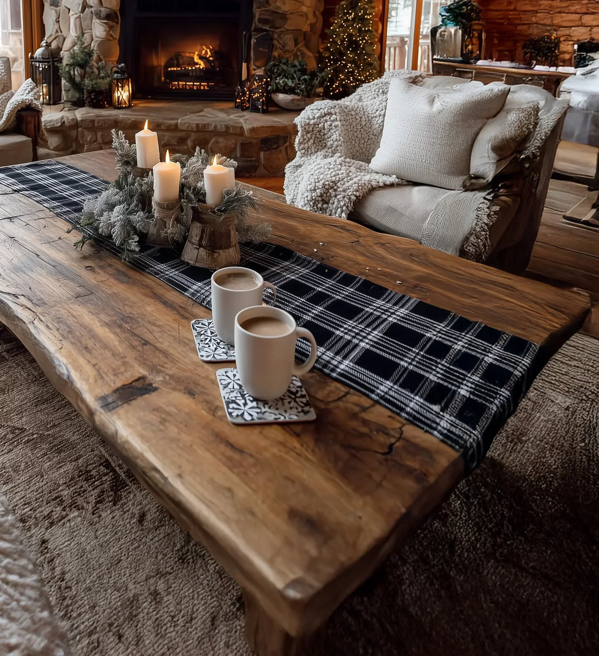 Cozy living room with wooden coffee table, lit candles, two coffee mugs, and a fluffy armchair near stone fireplace